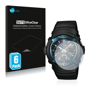 Parte frontal de un envase de producto con el logotipo de la marca Savvies. Al lado se muestra el dispositivo Casio AWG M100 c