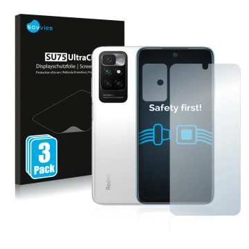 Parte frontal de un envase de producto con el logotipo de la marca Savvies. Al lado se muestra el dispositivo Xiaomi Redmi 10 