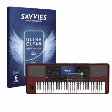 Parte frontal de un envase de producto con el logotipo de la marca Savvies. Al lado se muestra el dispositivo KORG Pa1000 con 