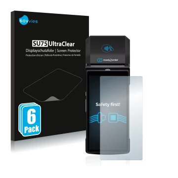 Parte frontal de un envase de producto con el logotipo de la marca Savvies. Al lado se muestra el dispositivo Ready2order Read