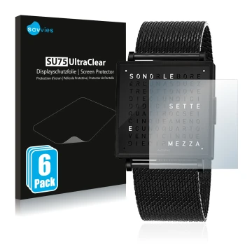 Parte frontal de un envase de producto con el logotipo de la marca Savvies. Al lado se muestra el dispositivo Qlocktwo W35 con