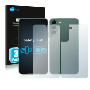 Parte frontal de un envase de producto con el logotipo de la marca Savvies. Al lado se muestra el dispositivo Samsung Galaxy S
