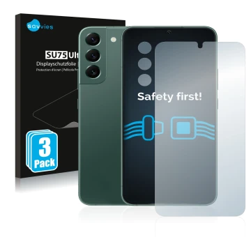 Parte frontal de un envase de producto con el logotipo de la marca Savvies. Al lado se muestra el dispositivo Samsung Galaxy S