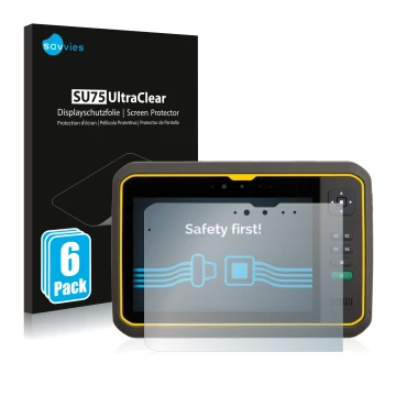 Parte frontal de un envase de producto con el logotipo de la marca Savvies. Al lado se muestra el dispositivo Trimble T7 con s