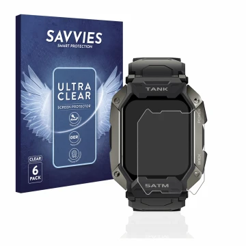 Parte frontal de un envase de producto con el logotipo de la marca Savvies. Al lado se muestra el dispositivo Kospet Tank M1 c