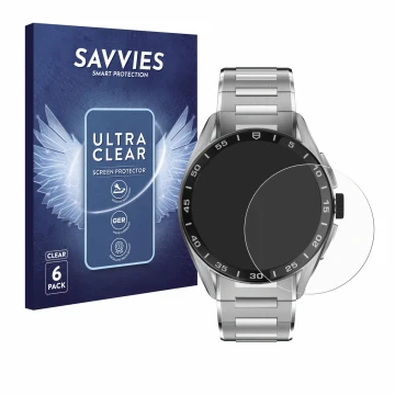 Parte frontal de un envase de producto con el logotipo de la marca Savvies. Al lado se muestra el dispositivo TAG Heuer Connec
