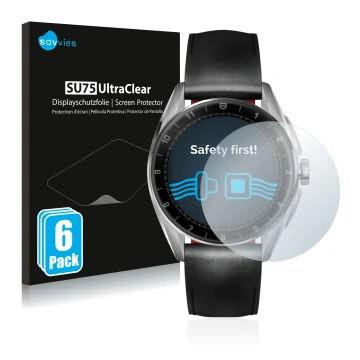 Parte frontal de un envase de producto con el logotipo de la marca Savvies. Al lado se muestra el dispositivo TAG Heuer Connec