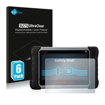 Parte frontal de un envase de producto con el logotipo de la marca Savvies. Al lado se muestra el dispositivo Autel MaxiPRO MP