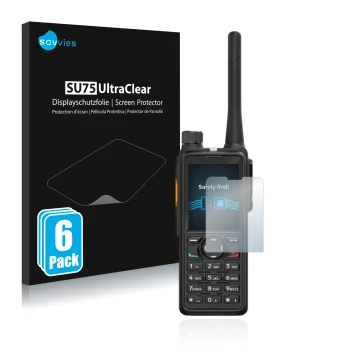 Parte frontal de un envase de producto con el logotipo de la marca Savvies. Al lado se muestra el dispositivo Hytera HP785 con