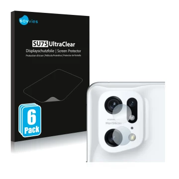 Parte frontal de un envase de producto con el logotipo de la marca Savvies. Al lado se muestra el dispositivo Oppo Find X5 Pro