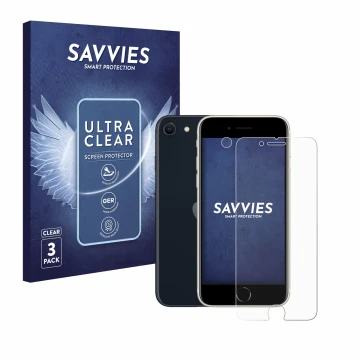 Parte frontal de un envase de producto con el logotipo de la marca Savvies. Al lado se muestra el dispositivo Apple iPhone SE 