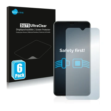 Parte frontal de un envase de producto con el logotipo de la marca Savvies. Al lado se muestra el dispositivo Samsung Galaxy M