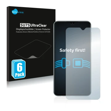Parte frontal de un envase de producto con el logotipo de la marca Savvies. Al lado se muestra el dispositivo Samsung Galaxy M