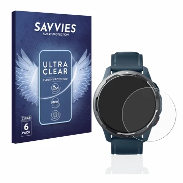 Parte frontal de un envase de producto con el logotipo de la marca Savvies. Al lado se muestra el dispositivo Xiaomi Watch S1 