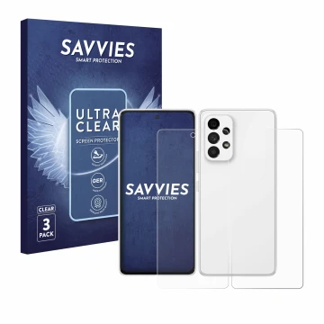Parte frontal de un envase de producto con el logotipo de la marca Savvies. Al lado se muestra el dispositivo Samsung Galaxy A