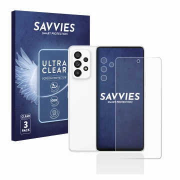 Parte frontal de un envase de producto con el logotipo de la marca Savvies. Al lado se muestra el dispositivo Samsung Galaxy A