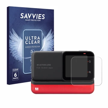 Parte frontal de un envase de producto con el logotipo de la marca Savvies. Al lado se muestra el dispositivo Insta360 One RS 