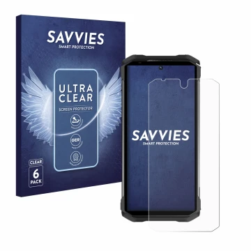 Parte frontal de un envase de producto con el logotipo de la marca Savvies. Al lado se muestra el dispositivo Doogee S98 con s