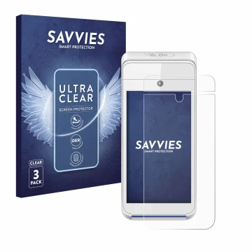 Parte frontal de un envase de producto con el logotipo de la marca Savvies. Al lado se muestra el dispositivo Pax A920 con su 