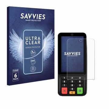 Parte frontal de un envase de producto con el logotipo de la marca Savvies. Al lado se muestra el dispositivo Pax A35 con su p