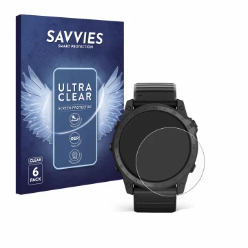 Parte frontal de un envase de producto con el logotipo de la marca Savvies. Al lado se muestra el dispositivo Garmin Tactix 7 