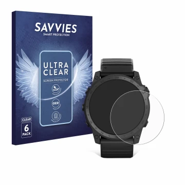 Parte frontal de un envase de producto con el logotipo de la marca Savvies. Al lado se muestra el dispositivo Garmin Tactix 7 