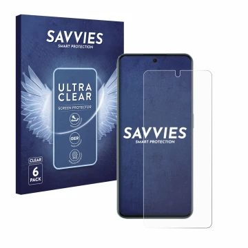 Parte frontal de un envase de producto con el logotipo de la marca Savvies. Al lado se muestra el dispositivo OnePlus 10R con 