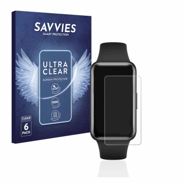Parte frontal de un envase de producto con el logotipo de la marca Savvies. Al lado se muestra el dispositivo Huawei Band 7 co