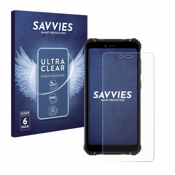 Parte frontal de un envase de producto con el logotipo de la marca Savvies. Al lado se muestra el dispositivo Hotwav T5 Pro co