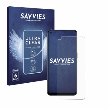 Parte frontal de un envase de producto con el logotipo de la marca Savvies. Al lado se muestra el dispositivo Oppo Reno 8 Lite