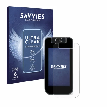 Parte frontal de un envase de producto con el logotipo de la marca Savvies. Al lado se muestra el dispositivo Vtech KidiBuzz 3