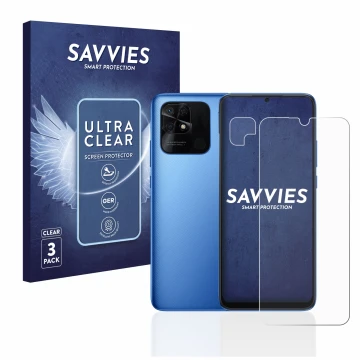 Parte frontal de un envase de producto con el logotipo de la marca Savvies. Al lado se muestra el dispositivo Xiaomi Redmi 10C