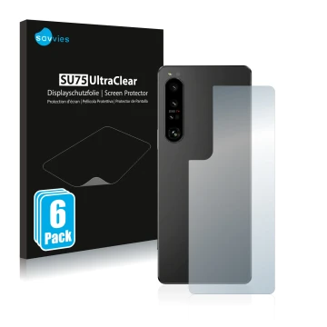 Parte frontal de un envase de producto con el logotipo de la marca Savvies. Al lado se muestra el dispositivo Sony Xperia 1 IV