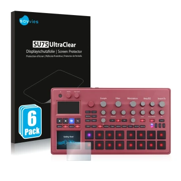 Parte frontal de un envase de producto con el logotipo de la marca Savvies. Al lado se muestra el dispositivo KORG electribe S
