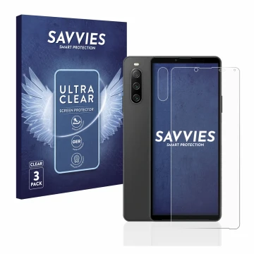 Parte frontal de un envase de producto con el logotipo de la marca Savvies. Al lado se muestra el dispositivo Sony Xperia 10 I