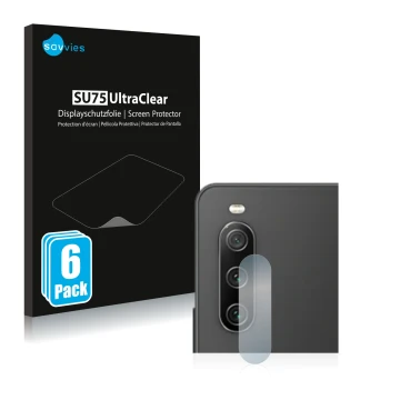 Parte frontal de un envase de producto con el logotipo de la marca Savvies. Al lado se muestra el dispositivo Sony Xperia 10 I