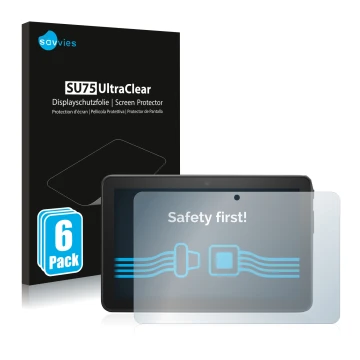 Parte frontal de un envase de producto con el logotipo de la marca Savvies. Al lado se muestra el dispositivo Amazon Fire 7 20