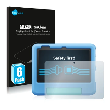 Parte frontal de un envase de producto con el logotipo de la marca Savvies. Al lado se muestra el dispositivo Amazon Fire 7 Ki