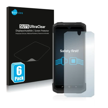 Parte frontal de un envase de producto con el logotipo de la marca Savvies. Al lado se muestra el dispositivo Doogee S98 Pro c