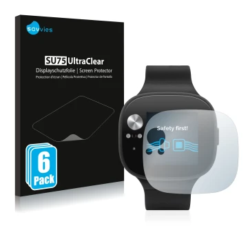 Parte frontal de un envase de producto con el logotipo de la marca Savvies. Al lado se muestra el dispositivo ASUS Vivowatch B