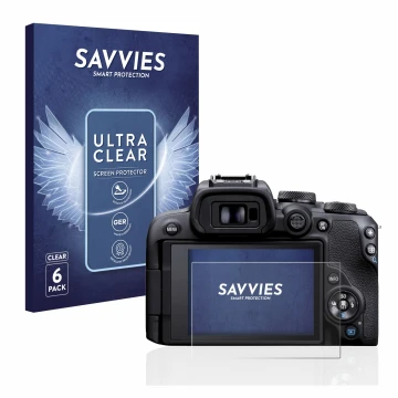 Parte frontal de un envase de producto con el logotipo de la marca Savvies. Al lado se muestra el dispositivo Canon EOS R10 co