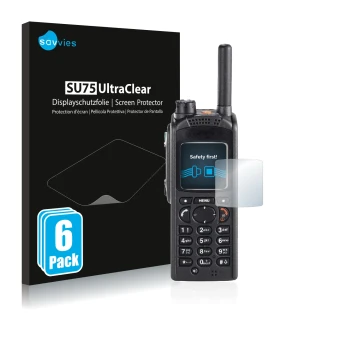 Parte frontal de un envase de producto con el logotipo de la marca Savvies. Al lado se muestra el dispositivo Motorola MTP850 