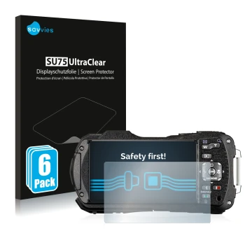 Parte frontal de un envase de producto con el logotipo de la marca Savvies. Al lado se muestra el dispositivo Ricoh WG-80 con 