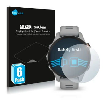 Parte frontal de un envase de producto con el logotipo de la marca Savvies. Al lado se muestra el dispositivo Garmin Forerunne