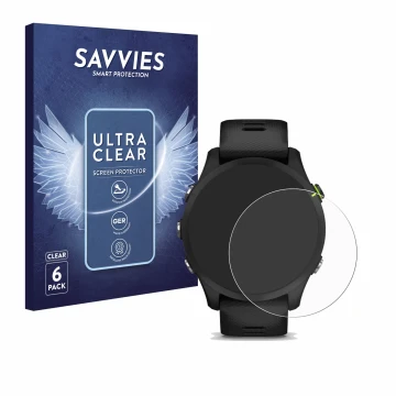 Parte frontal de un envase de producto con el logotipo de la marca Savvies. Al lado se muestra el dispositivo Garmin Forerunne
