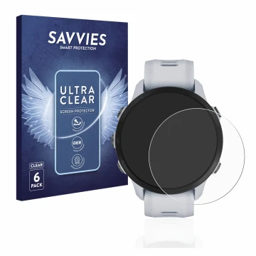 Parte frontal de un envase de producto con el logotipo de la marca Savvies. Al lado se muestra el dispositivo Garmin Forerunne