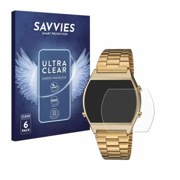 Parte frontal de un envase de producto con el logotipo de la marca Savvies. Al lado se muestra el dispositivo Casio Retro B640