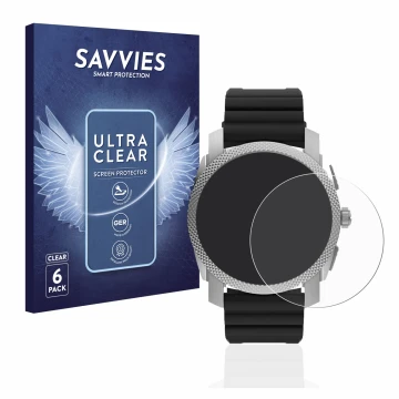 Parte frontal de un envase de producto con el logotipo de la marca Savvies. Al lado se muestra el dispositivo Fossil Gen 6 Hyb