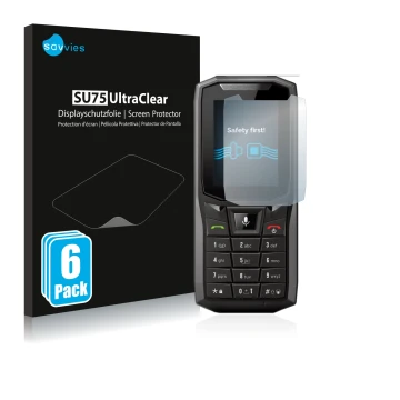 Parte frontal de un envase de producto con el logotipo de la marca Savvies. Al lado se muestra el dispositivo Crosscall Core-S