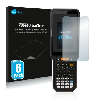 Parte frontal de un envase de producto con el logotipo de la marca Savvies. Al lado se muestra el dispositivo Point Mobile PM4